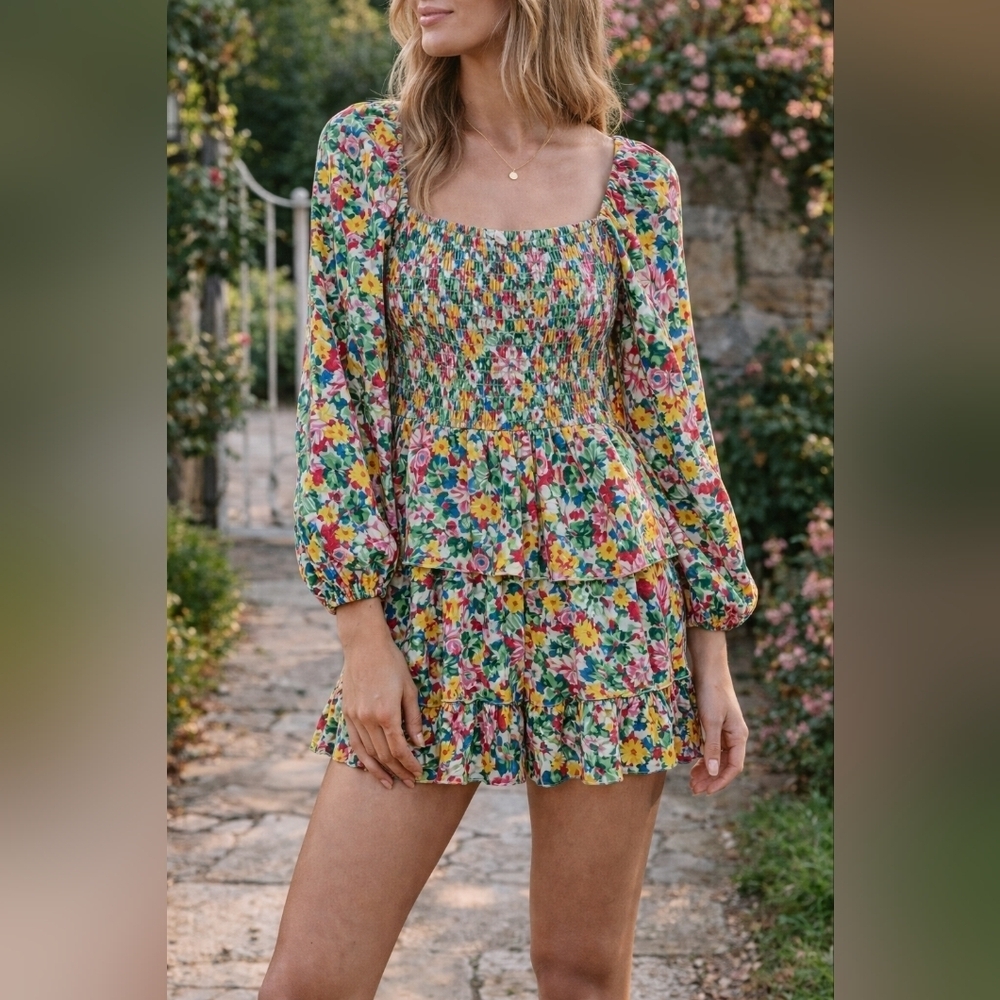 Hailey & Co Floral Smocked Romper Square Neck Cottagecore Tiered Ruffle Size M
